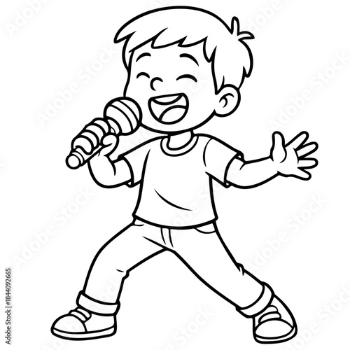The Singing Boy: A young, gleeful boy, engrossed in the magic of music, joyfully sings into a microphone, capturing the spirit of youthful enthusiasm and passion.
