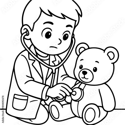 A Caring Check-up: A young, compassionate figure, dressed in a doctor's attire, is gently examining a teddy bear, embodying care and empathy.