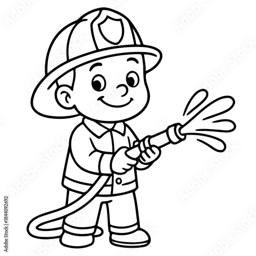 Brave Young Firefighter: A cheerful illustration of a young firefighter bravely holding a hose, ready to face any challenge, embodying courage and dedication.