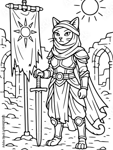 The Guardian: A stoic anthropomorphic cat stands proudly, a sword in hand, ready to defend a tattered banner under the watchful eye of a sun in a desolate landscape.