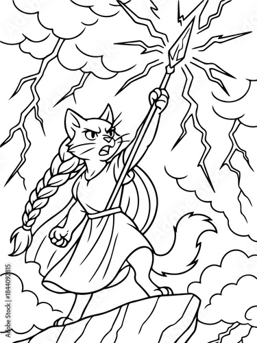 Feline Power: A courageous cat stands atop a rocky peak, brandishing a radiant spear amidst a dramatic storm, embodying strength, determination and untamed spirit.