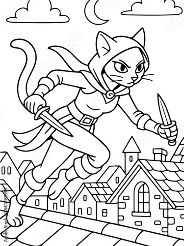 Feline Adventurer: A stealthy cat burglar in hooded attire leaps across rooftops, gripping daggers under the moonlight, exuding both mystery and daring.