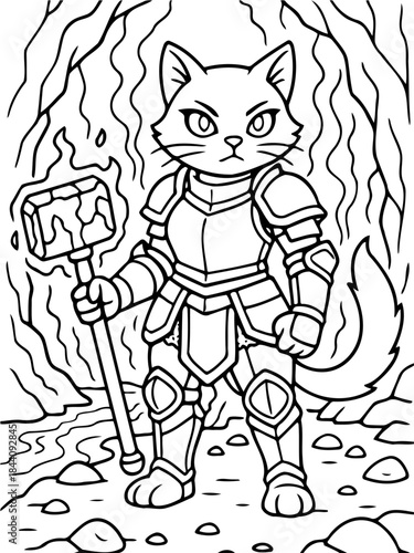 Feline Guardian's Valor: A fierce cat knight, clad in shining armor and wielding a mighty hammer, stands vigilant in a mystical realm. Representing Courage and strength.