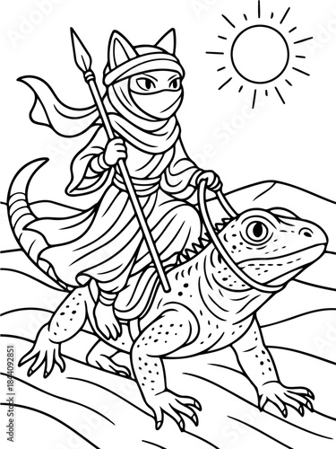 Desert Rider's Journey: A captivating line art illustration portrays a mysterious character, masked and veiled, embarking on a desert trek atop a unique reptile, under the sun.