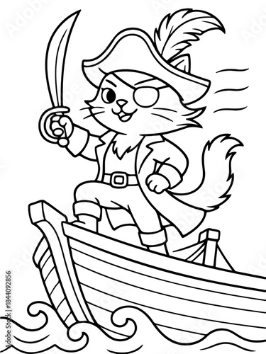 Cat Pirate's Voyage: An intrepid cat pirate embarks on a swashbuckling adventure, steering a ship with a determined gaze and a gleaming sword in hand.