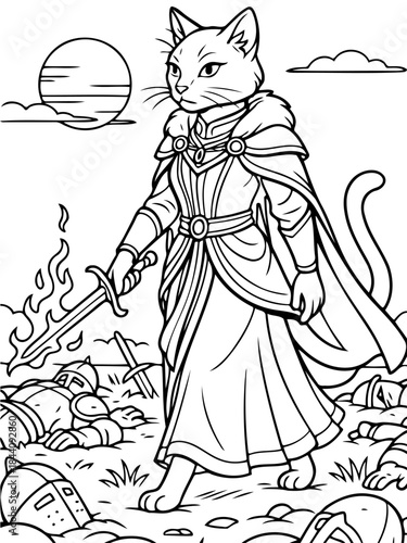 Cat Knight: A valiant cat knight, clad in shining armor and wielding a fiery sword, strides confidently through the aftermath of battle.