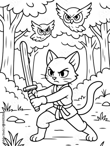 Feline Warrior and the Owls: A fierce warrior cat prepares for battle, brandishing a sword, under the watchful gaze of owl guardians in a forest. 