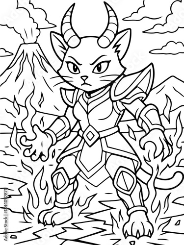 Mystical Cat Warrior: A fierce, armored cat warrior stands proudly amidst a fiery landscape, her horns suggesting a link to the realms of fantasy and might.