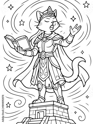 Regal Feline Performance: An illustrative portrayal of a regal cat adorned in ceremonial attire, passionately performing from a sacred text on a monumental platform, surrounded by celestial elements.