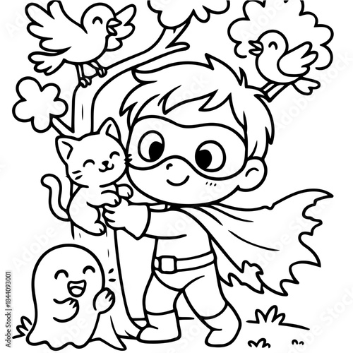 Superhero's Serene Companionship: A captivating illustration portrays a young superhero embracing a furry friend within a serene natural setting, fostering imagination and warmth.