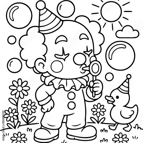 Childlike Merriment: An artistic illustration of a jovial clown blowing bubbles, with a cheerful companion duck, under a radiant sun. Capturing the simplicity and happiness of childhood.