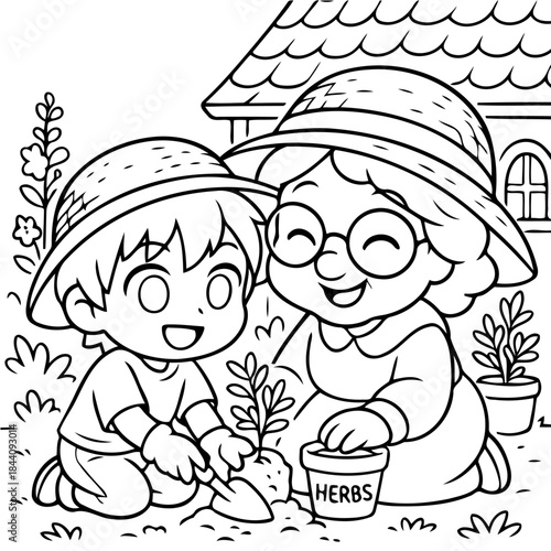 Growing Together: A heartwarming scene unfolds as a young boy and a woman, collaborate in a garden, with smiles on their faces, nurturing a new plant. A sweet moment of shared joy.