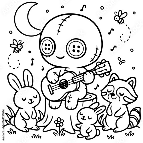 Enchanting Doll Serenade: A whimsical doll figure strums a small guitar beneath the gentle glow of the moon, serenading a gathering of adorable woodland creatures in a heartwarming scene.
