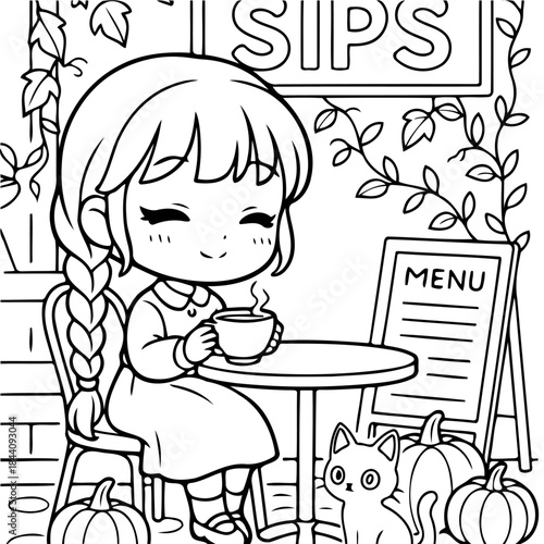 Cozy Cafe Scene: A serene illustration shows a girl enjoying a warm beverage at a quaint cafe, surrounded by autumn elements.