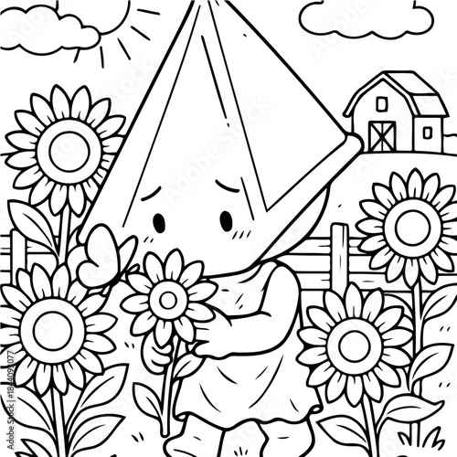 A Sunny Day in the Garden: A sweet character figure, adorned with a unique headwear, stands amidst a vibrant sunflower garden, savoring the fragrant blossom with unadulterated pleasure.