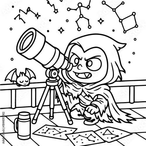 A Celestial Explorer's Stargazing: A charming cartoon vampire peers through a telescope, observing constellations in the night sky, with a friendly bat companion, enjoying exploration.