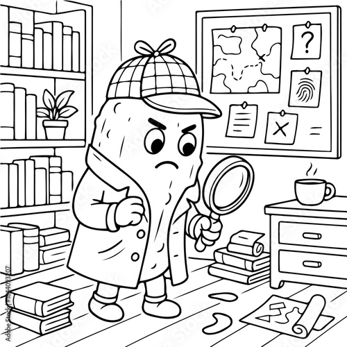 Detective Potato in the Case: A quirky illustration of a potato dressed as a detective, complete with a trench coat, magnifying glass, and hat, examining clues with a determined expression.