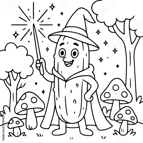 Enchanting Pickle Wizard: A whimsical cartoon depicting a cheerful pickle in a wizard's attire, casting a magical spell within a mystical forest.