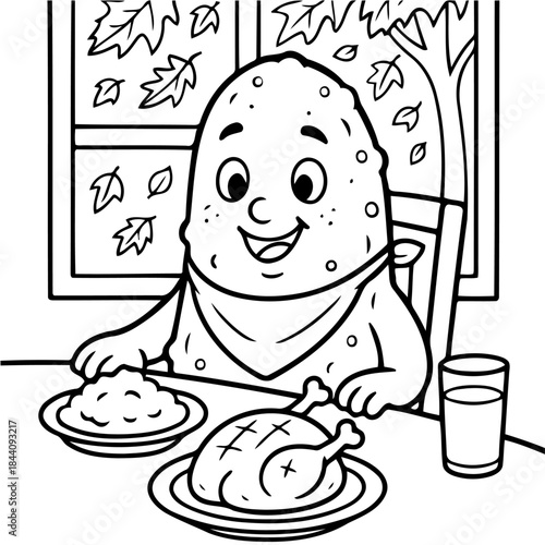 Thanksgiving Feast: A heartwarming illustration of a potato enjoying a bountiful Thanksgiving feast, surrounded by fall foliage, embodying the spirit of gratitude and sharing.
