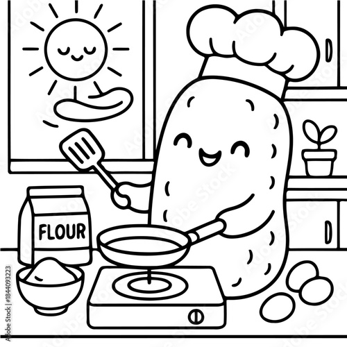Whimsical Culinary Creation: A cheerful potato chef brings joy to the kitchen, flipping a pancake with a spatula and cooking on a stove with eggs and a flour container in the kitchen.