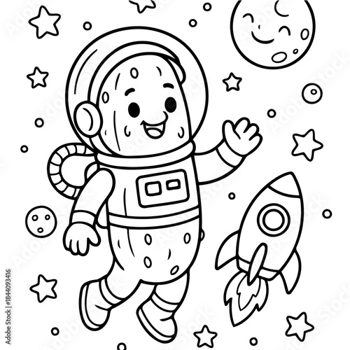 Astronaut in Space: An illustration of a cheerful astronaut embarking on an adventurous cosmic journey among stars, moon, and a rocket. 