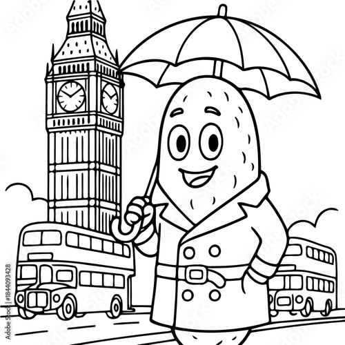 London Cartoon Illustration: A charming cartoon character, with an umbrella, strolls through a iconic London scene. With the city's emblematic landmarks. Capturing a blend of playful joy.