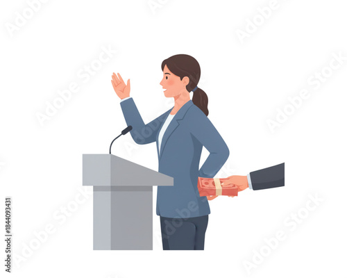 Corrupt public speaker secretly accepts illegal money during presentation, illustrating unethical practices