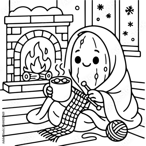 Cozy Comforts: A cheerful creature wrapped in a warm blanket, knitting by a crackling fireplace while enjoying a steaming mug, embodying the essence of relaxation and home.