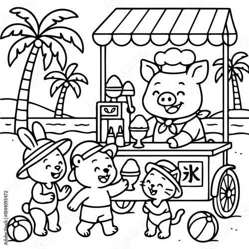Sweet Treats at the Beach: A cheerful pig serves refreshing ice treats at a beachside stand to an excited group of animal friends, under the shade of palm trees. 