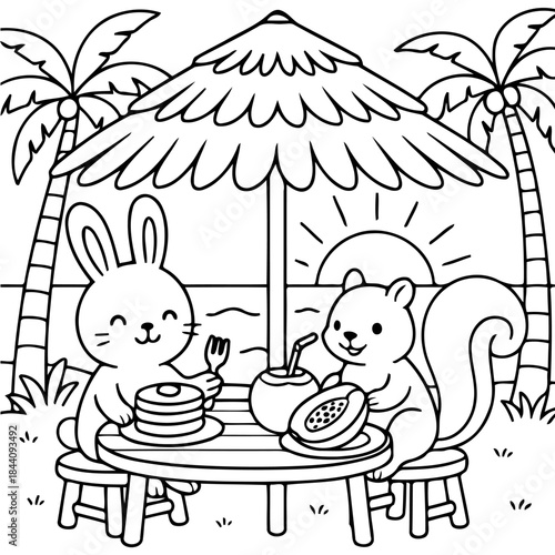 Bunnies and squirrel lunch in beach: adorable bunnies and squirrel enjoying lunch on a sandy beach. Picture depicts two cute cartoon characters sitting under umbrella on a sunny day.