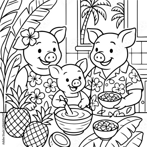 Happy Family: A cartoon illustration of a pig family is enjoying leisure time together. The family has fun, with each member enjoying the moment and the beautiful environment around them. 