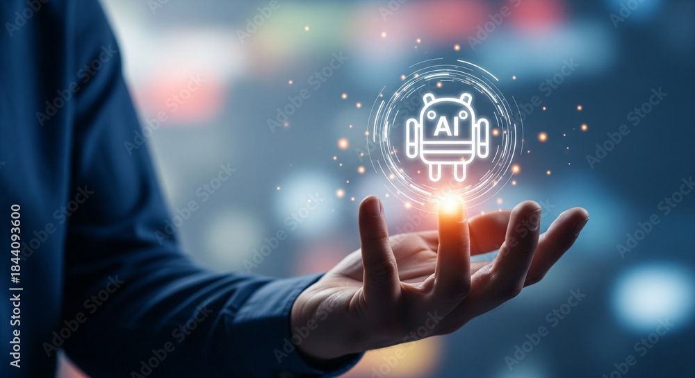 Fototapeta premium The Vision of Artificial Intelligence: A person's hand tenderly cradles a glowing AI icon, symbolizing the dawn of a new era of technological innovation.