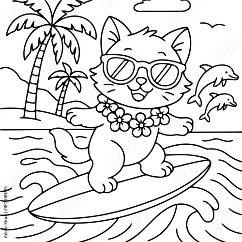 Surfing Cat's Summer Adventure: A charming illustration shows a cool cat, adorned with sunglasses and a floral lei, expertly riding a surfboard on a sunny beach.