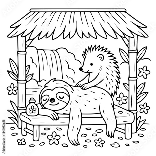 Spa Day for a Sloth: A serene sloth enjoys a relaxing massage from a thoughtful hedgehog under a rustic gazebo, with a tranquil waterfall as a backdrop.