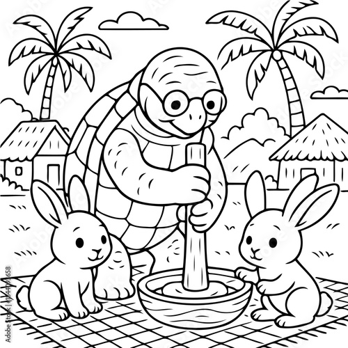 Turtle and Rabbit: A whimsical monochrome illustration captures the heart of a story. A wise turtle, with spectacles perched upon its nose, is engrossed in a task alongside two attentive rabbits.