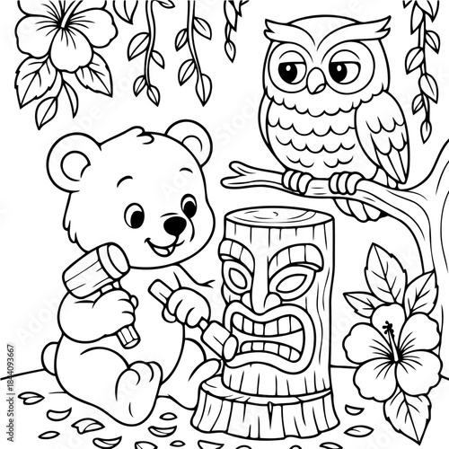 Tiki Carving: A charming illustration depicts a teddy bear and owl engaged in the traditional art of Tiki carving. the bear meticulously sculpts a Tiki idol with a mallet and chisel.