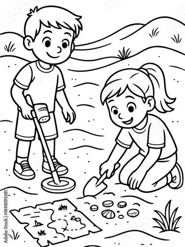 Adventure Awaits: Two children on a treasure hunt, fueled by the thrill of exploration, meticulously following a treasure map, uncovering buried treasures with their metal detector and shovel.