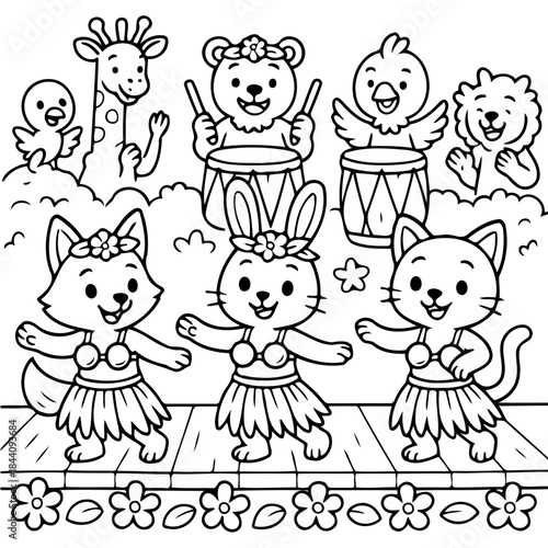 Joyful Animal Hula Dancers: A delightful array of adorable cartoon animals, dressed in vibrant floral attire, joyfully perform the traditional hula dance, infusing the scene with playful energy. 