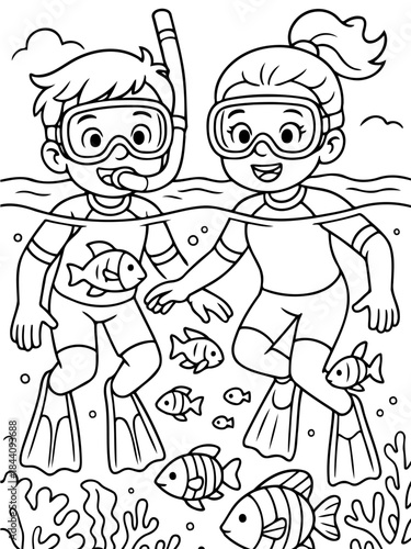 Underwater Adventure: Two young explorers, fully equipped with snorkel gear, gleefully discover the hidden wonders of the underwater realm, accompanied by playful fish. 