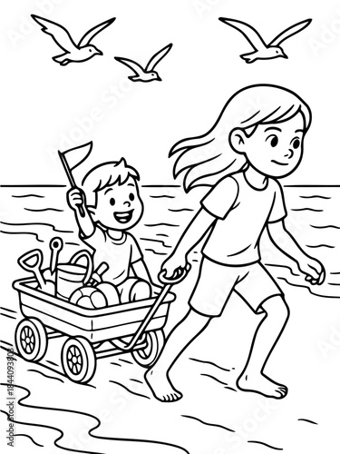 Beachside Bliss: A sister leads her brother in a wagon along the sandy beach, with playful seagulls soaring overhead, capturing the essence of a perfect day.