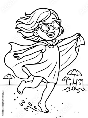 Beachside Bliss: A joyful young girl, with sunglasses and a playful cape, runs along the sun-kissed sands. Enjoying the carefree spirit of beach vacation. 