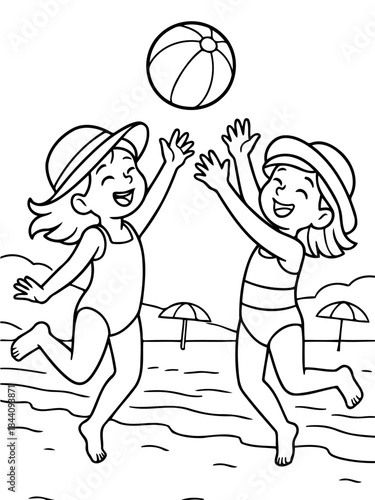 Joyful Beachside Play: Two delighted children, donning beach hats and swimwear, frolic on a sun-kissed beach, their joyous spirits enhanced by a bouncing ball.