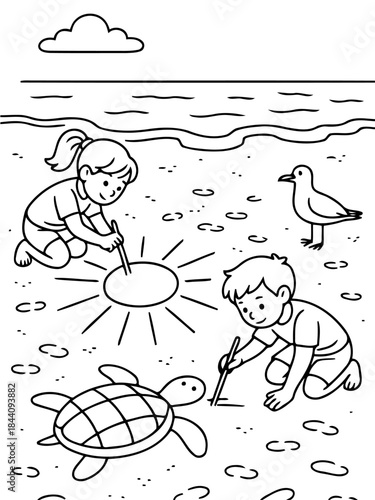 Kids Drawing on Sand: Two children, absorbed in their artistry, sketch on the sun-kissed sand of a serene beach, a playful seagull looking on.