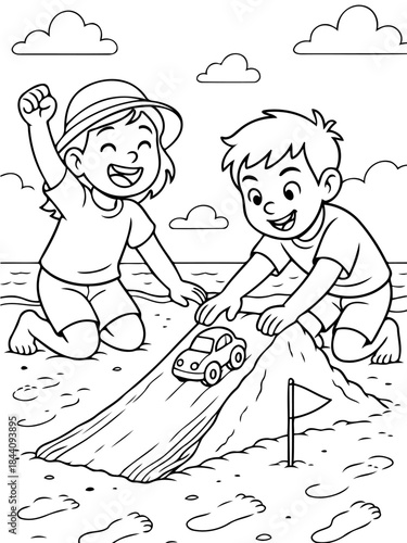 Playtime at the Beach: Two children are absorbed in the construction of a simple racetrack, their shared joy evident as they play together.