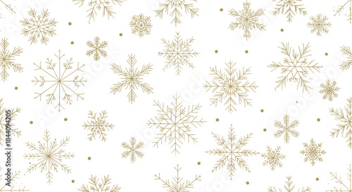Gold snowflake decorative pattern, festive winter texture, white background sparkle, holiday wrapping design, seasonal decor, elegant snowflake illustration