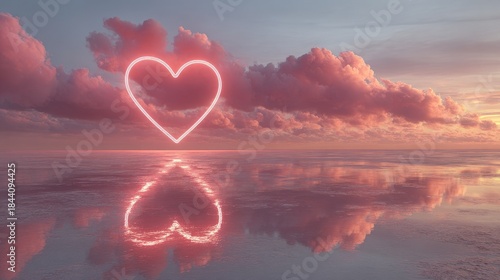 Red heart-shaped neon light glowing above calm sea at sunset, reflecting colorful clouds and dramatic sky, romantic Valentine's Day concept, serene landscape, hyper-realistic detailed illustration.