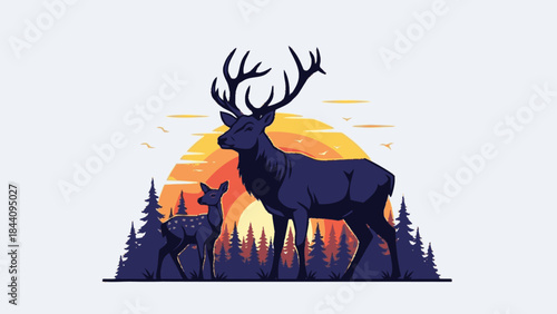 Majestic Stag and Fawn Silhouette Against Sunset.