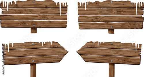 Rustic wooden winter signboard set, icicle detail, bolt texture, blank signage design, holiday outdoor decor, directional post graphic