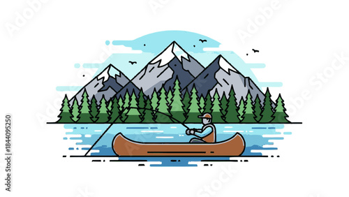 Man fishing from canoe on calm water with mountains behind.