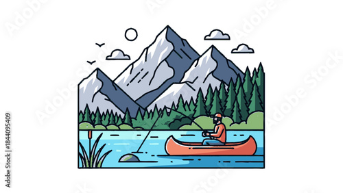 Man fishing from canoe on lake with mountains background.